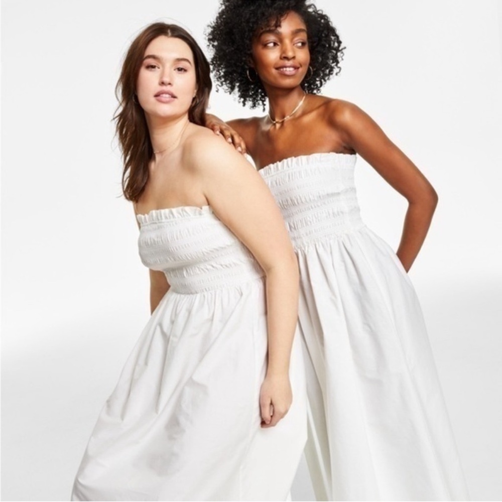 NEW And Now This Women's 100% Cotton Smocked Strapless Midi Dress White Medium